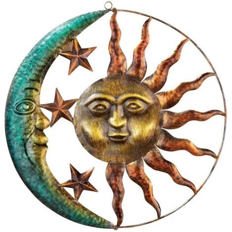Ciel-Grand soleil en métal art mural en métal soleil et lune décoration murale en métal soleil et lune art mural en métal extérieur pour la maison jardin patio porche clôture décoration vert B (28.6CM (1/5)