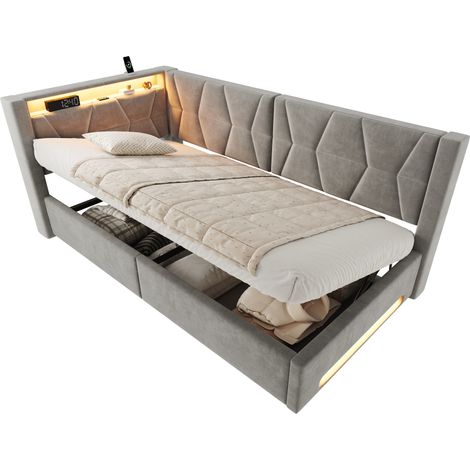 Lit rembourré 90x200 cm en velours, avec rangement, LED tête et pied, USB Type-C, coffre hydraulique et sommier, pour chambre ou ado  CHICFURN (1/5)