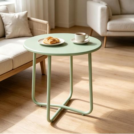 Table d’appoint de jardin Ø 48 x 51 cm verte en métal, piètement en X et patins réglables (1/5)