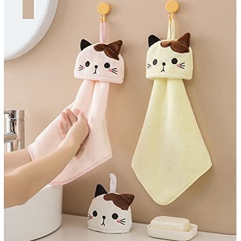 Ensemble mignon de 3 serviettes de bain avec anneaux de suspension, serviettes à imprimé animal pour enfants, chiffons absorbants en microfibre polaire corail, adaptés à la cuisine, la salle de bain e (1/5)