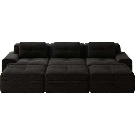 Rahmenloses modulares Ecksofa aus schwarzem Cordvelours, Schlaffunktion, 3-Sitzer, 3 Hocker (1/5)
