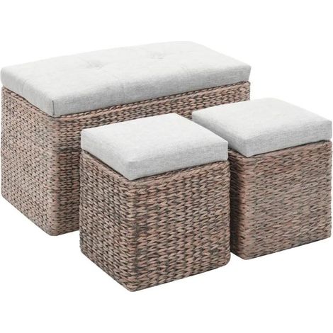 Banquette coffre capitonné jacinthe d'eau gris avec pouf Kiva - Lot de 3 (1/3)