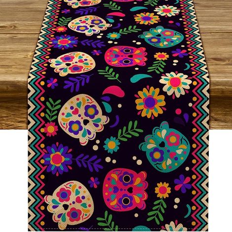 Chemin de table mexicain pour la Fête des Morts, motif floral et crânes, décoration d'Halloween pour salon et meuble TV - 30 x 180 cm (polyester) - WSJZQ-24