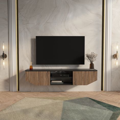 Hera Meuble TV Suspendu avec Placards et Niches (Noir et Effet Alina) (1/2)