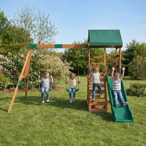 Tour de jeux en bois, structure d'escalade, balançoire avec toboggan, 2 balançoires, mur d'escalade pour les enfants de 3 à 8 ans, 315 x 284 x 233 cm, vert (1/5)
