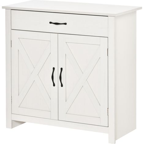 Weißes Wohnzimmer-Sideboard, Aufbewahrungsmöbel mit 2 Schiebetüren, Schublade und verstellbarem Einlegeboden, 80 x 39,7 x 80 cm