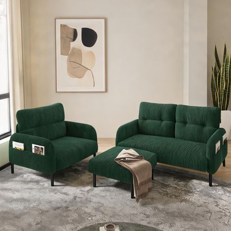 Ensemble canapé 3 pièces avec fauteuil et pouf vert émeraude (1/5)
