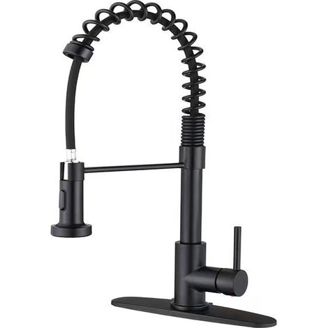 (Noir) Robinet d'évier de cuisine en acier inoxydable avec bec à ressort, rotation à 360 degrés, double usage eau chaude et eau froide. (1/5)