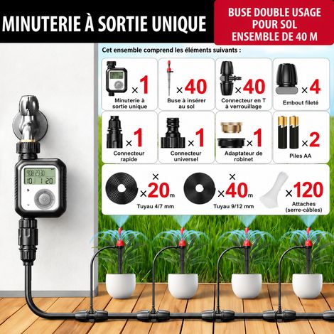 Kit programmateur d'arrosage simple sortie avec tuyau 40 m et 40 buses à planter A7 40 m40 a7 30 × 20 × 20 cm 3,8 kg – Livraison gratuite