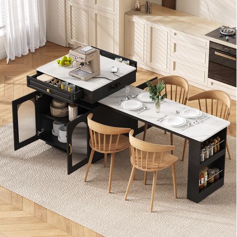 Îlot de cuisine à roulettes avec table extensible LED prises USB/Type-C noir OKWISH (1/5)