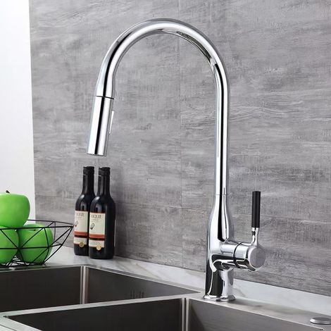 Gunmetal gray all-copper pull-out kitchen faucet, household pressure boosting universal faucet for dishwashing and vegetable washing basins, hot and cold water splash-proof faucet -- electroplated inl