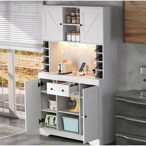 Credenza alta da cucina con portabicchieri, cassetto, LED e prese, 105 x 39 x 180 cm, bianca (1/5)