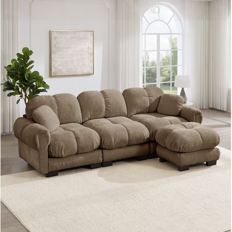 Divano modulare con pouf mobile, cuscino sfoderabile e seduta trapuntata, in tessuto ciniglia marrone per soggiorno. (1/5)