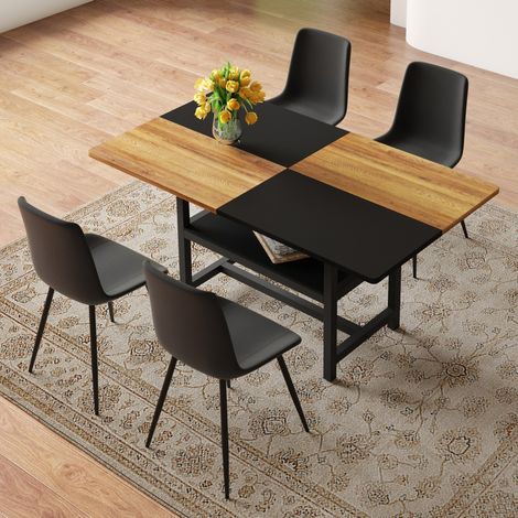 Essgruppe 160 cm mit Stauraum, 4 schwarze PU-Stühle, braunes Holz und Metall (1/5)