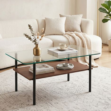 Table basse rectangulaire en verre et étagère MDF, 2 niveaux, piètement métal noir, rangement pour salon, finition bois, H45 x L98 x P58 cm (1/5)