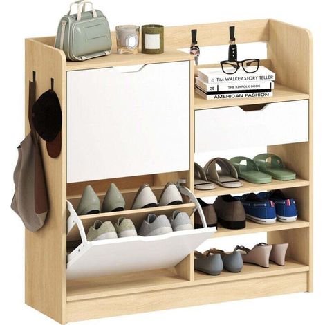 Entrance Furniture Shoes Tilting Drawers Shelves 4 Hooks Capacity 14 Pairs Natural Color (1/4)