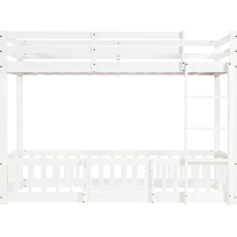Cama alta infantil 90x200 cm de madera blanca con escalera de esquina, barandilla y portón (1/5)