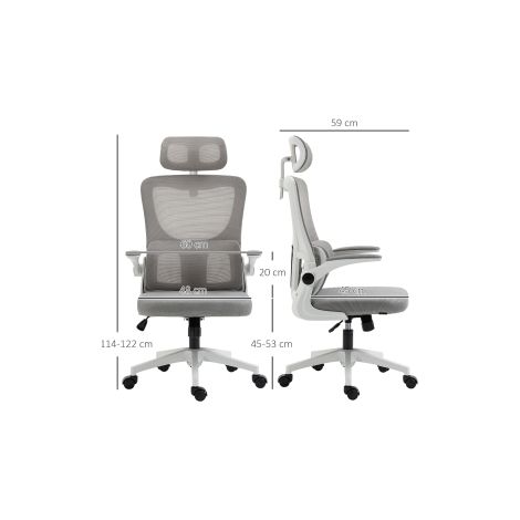 Chaise de bureau grise en maille avec hauteur réglable, accoudoirs, appuie-tête et soutien lombaire pour bureau et télétravail (1/5)