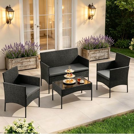 Set da giardino 4 pezzi 100x56x78 cm in rattan PE nero, tavolo in vetro – MEUBLIV (1/5)