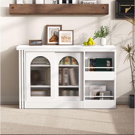 Moderner Bartisch, Ausziehbar 360° Drehbare Bartisch Mit Stauraum, Reversibel Tisch Sideboard Bar Mit Glasschranktür, Bar Tisch Für Küche Kaffeebar Möbel, Weiß (1/5)