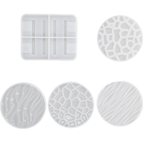 Moule en résine époxy cristal DIY, dessous de verre à motif vague et fond diamant, présentoir miroir, plateau de rangement rond, ensemble de moules en silicone (4 dessous de verre + base). (1/5)