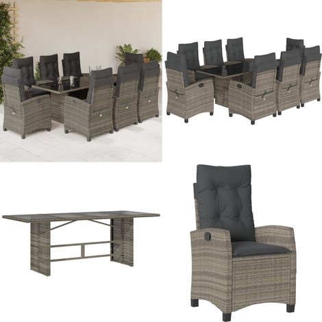 9-tlg. Garten-Essgruppe mit Kissen Grau Poly Rattan - Gartentisch - Gartenstuhl