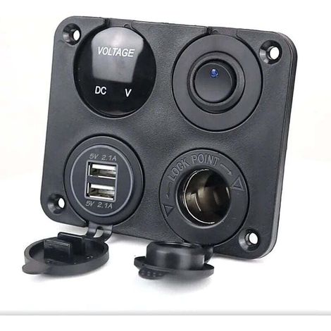 Panel de interruptores para cargador de coche 4 en 1, con función de carga USB dual, voltímetro LED, interruptor basculante de encendido/apagado y toma de encendedor para embarcaciones. (1/4)