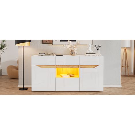 Cheminée pour salon de 140×40×70 cm. Meubles de côté avec 4 tiroirs. Meuble de rangement avec deux compartiments. Meuble de salon à l’aspect brillant, adaptable à divers usages. Couleur blanche ou bo (1/5)