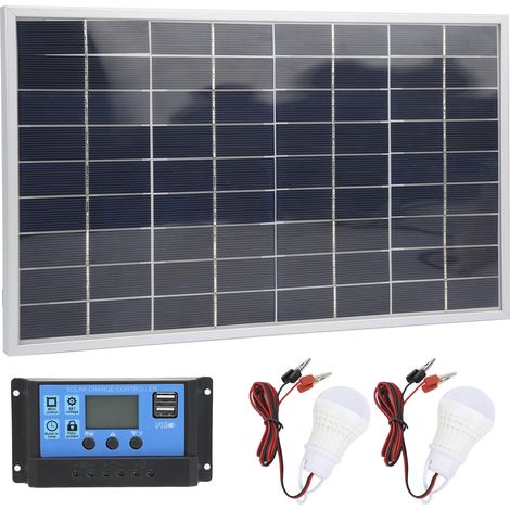 Panneau solaire polycristallin 15 W 18 V, contrôleur solaire PWM 12 V/24 V, 2 ampoules LED pour voiture, camping-car, bateau, chargeur de batterie (20 A) (1/5)