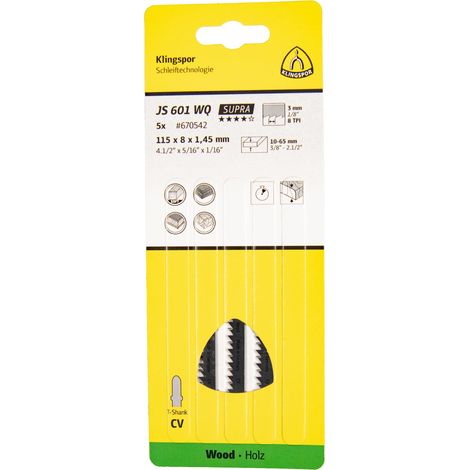 Klingspor JS 601 WQ 670542 - Lames de scie sauteuse  (100 x 8 x 1.45 mm, 90 chrome vanadium, tranchant, conique, 6 dents par pouce)