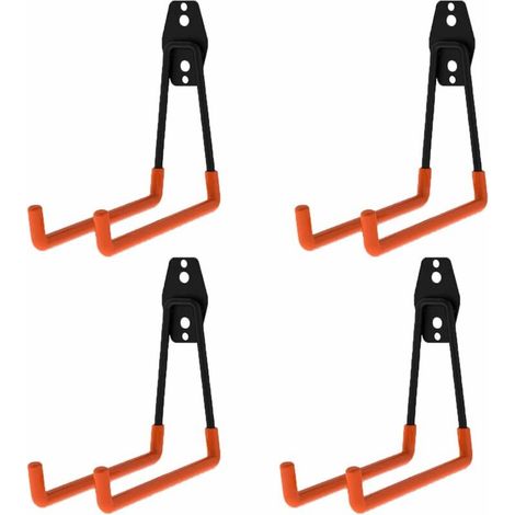 Ensemble de 4 crochets de garage, crochets robustes avec revêtement antidérapant, crochets muraux, adaptés aux outils électriques, tuyaux, planches à roulettes, échelles (grand, orange) (1/5)