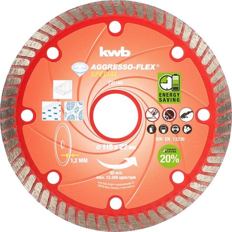 kwb 721140 Disco di taglio dritto 115 mm 1 pz. Calcestruzzo, Granito, Marmo, Ceramica, Piastrelle, Gres porcellanato, P (1/4)