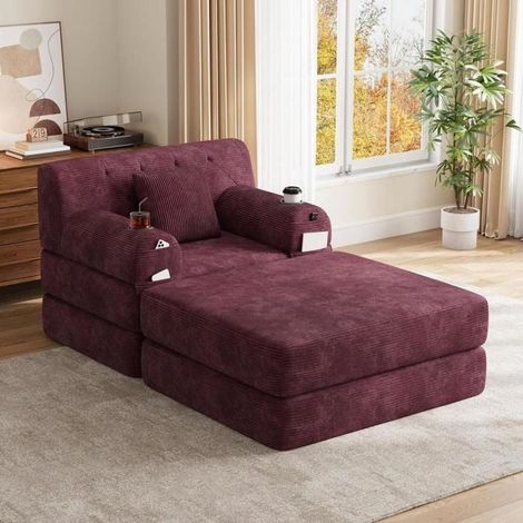 Canapé convertible - KOMHTOM - 1 place - Velours côtelé - Pouf inclus - Mousse haute densité (1/5)