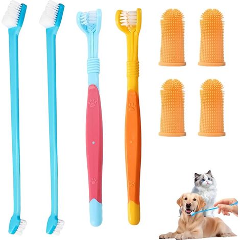 Lot de 8 brosse à dent chien et chat - Accessoire chien - Brosse triple, brosse à doigts, brosse double tête pour petits, moyens et grands chiens - Soins dentaires (1/5)