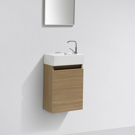 Stano. – Meuble lave-mains suspendu 40 cm – Chêne clair texturé – Plan-vasque en marbre synthétique blanc – Système de trop-plein intégré