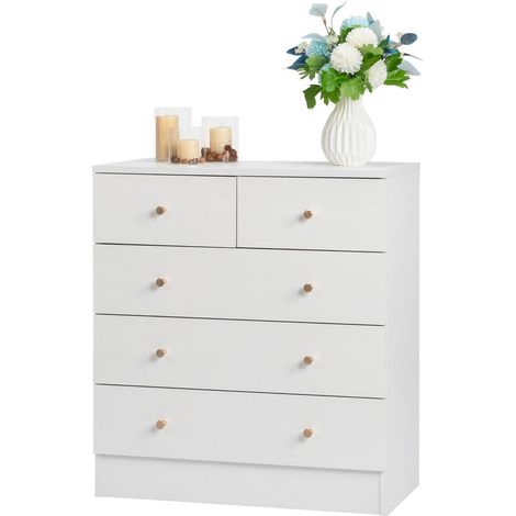 Commode 5 tiroirs blanche, meuble de rangement multifonctionnel pour chambre et salon (1/5)
