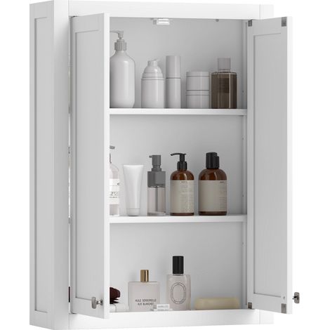 Meuble de salle de bain mural en bois avec 2 étagères réglables sur 3 niveaux, 61 x 20 x 84 cm, blanc (1/5)