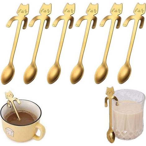 Juego de 6 cucharas de café y postre de acero inoxidable con forma de gato (doradas, 11,7 x 1,8 cm), juego de cubiertos para remover. (1/5)
