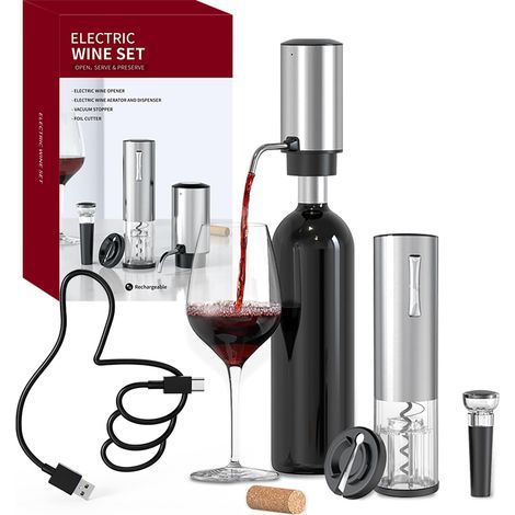 Ensemble de Tire Bouchon Électrique 4-en-1 avec Ouvre Bouteille Rechargeable, Verseur Rechargeable, Coupe-Capsule et Bouchon à Vin sous Vide, Ensemble Cadeau pour Amateurs de Vin, Argent (1/5)