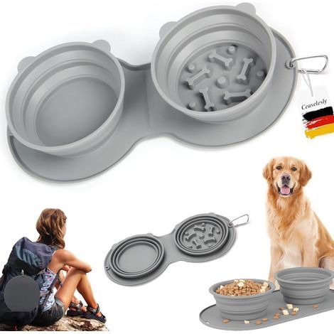 Collapsible Silicone Dog and Cat Bowl - Double Foldable Bowl, Anti-Gulping, for Travel, Outdoors, Hiking (1/5)