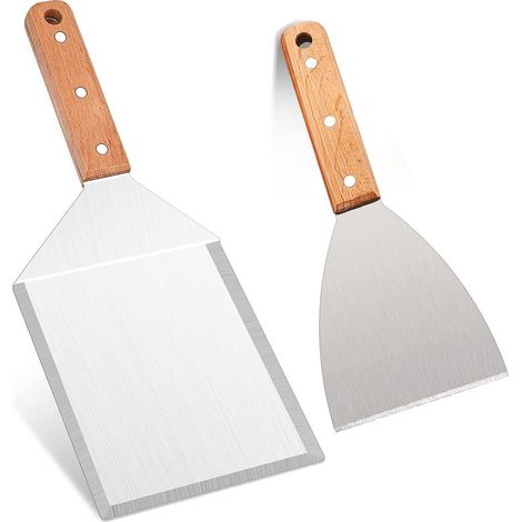 Ensemble de 2 spatules de barbecue en acier inoxydable avec manche en bois – Pelles à plancha pour grillades, steaks, pizzas et cuisine extérieure