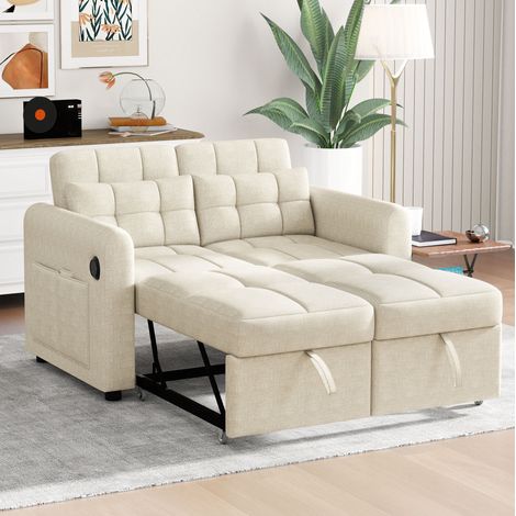 Divano letto da 2 posti con schienale regolabile, porta USB, tasche portaoggetti, 2 cuscini, per soggiorni o camere da letto, in lino, beige (1/5)