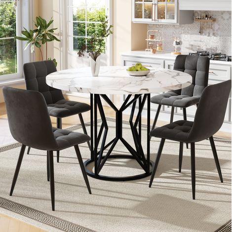 Esszimmergarnitur aus MDF, Metall und Samt in Schwarz, 100x100x76 cm, mit rundem Tisch und 4 gepolsterten Stühlen (1/5)