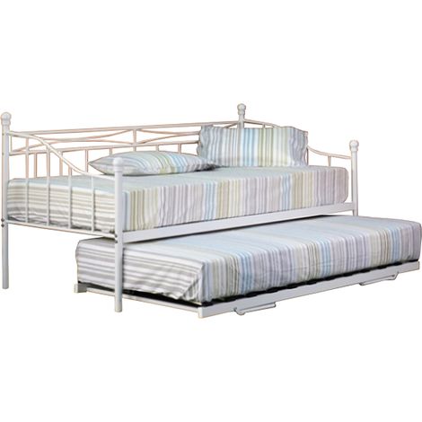 3ft Metal Day Bed With Trundle in White