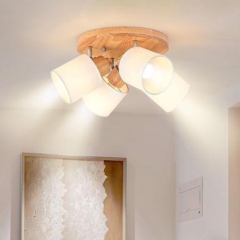 1 Plafonnier 4 Spots Orientables, Bois Rond E14, Luminaire Rétro Pour Salon Chambre Cuisine
