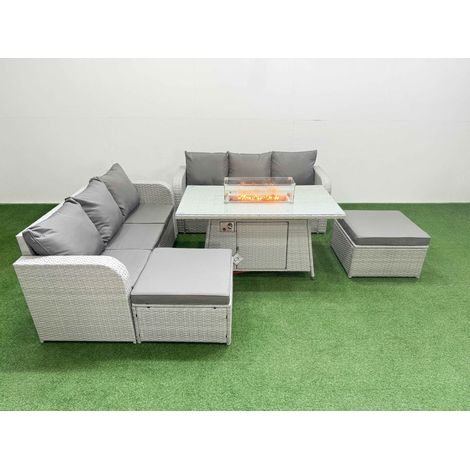 Fimous Outdoor Garden Furniture Sets 8 Seater Wicker Rattan Furniture Sofa Sets with Firepit Dining Table high Back Lounge Sofa 2 Big Footstool Light Grey (1/4)