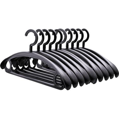Lot de 10 cintres dimensions 42 x 3,5 x 21 cm en plastique avec deux supports antidérapants pour pantalons et vêtements dans dressing chambre salle de bain buanderie et balcon couleur noire (1/5)