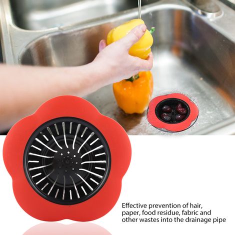 Passoire d'évier en plastique rouge en forme de fleur, bouchon de vidange pour cuisine et salle de bain, accessoire de drainage pratique. (1/5)