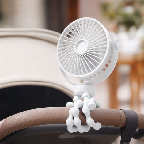 Ventilatore a polpo ricaricabile tramite USB da 3600 mAh, supporto flessibile antiscivolo per passeggino e scrivania, griglia di sicurezza da 8 mm, bianco. (1/4)