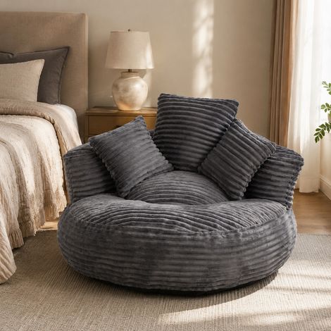 Sillón puf 108x108x52 cm de tela gris oscuro, confort relajante para salón FloraGrace (1/5)